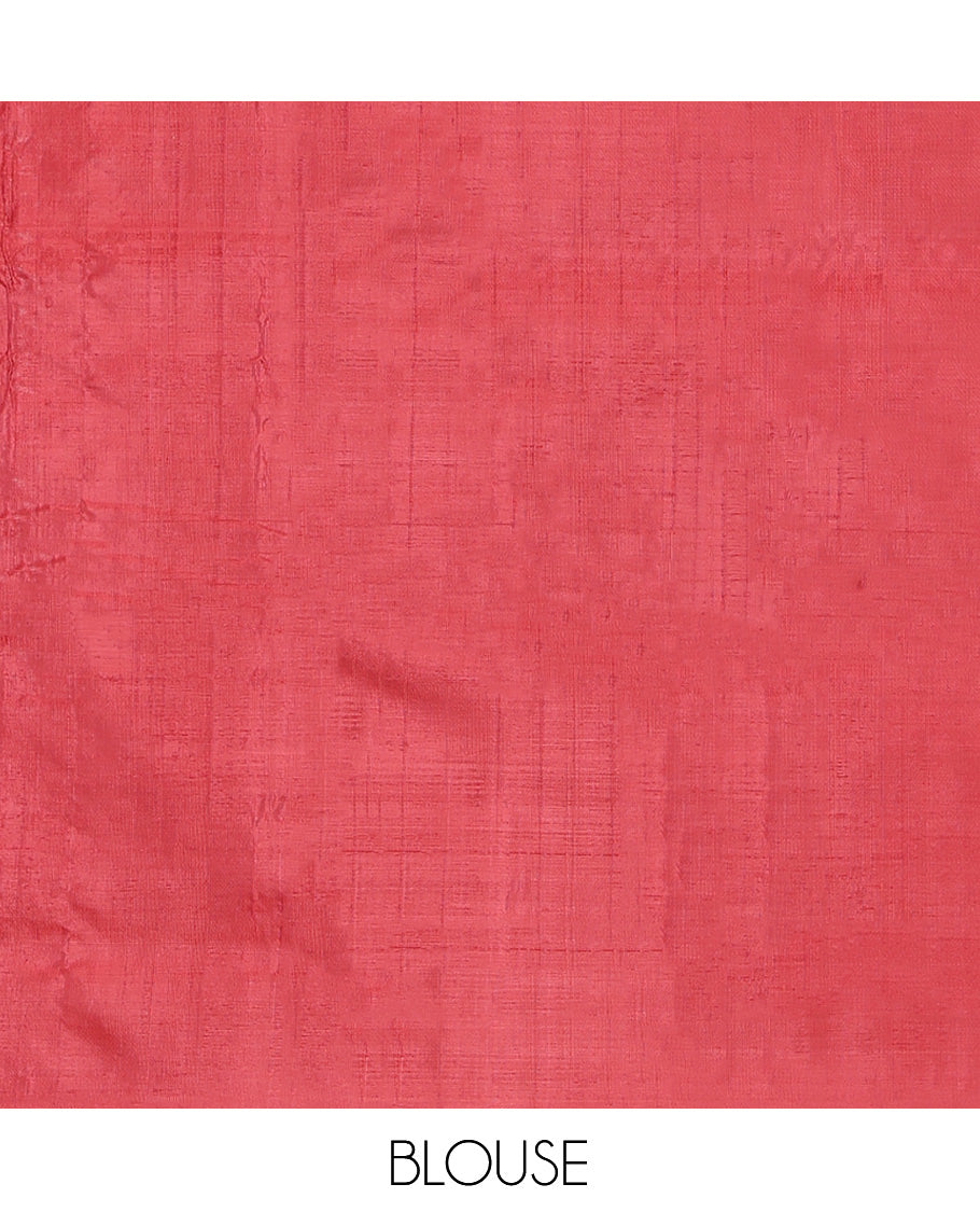 Borderless Sandal Temple Buttas Banana Pith Saree, a Contrast Pallu of Temple Buttas and Stripes, and a Contrast Blouse