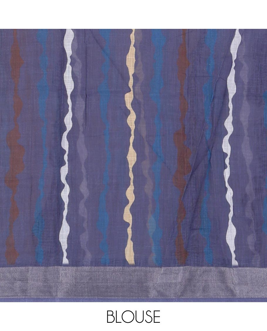 White-blue shibori printed linen saree, silver zari border, shibori printed pallu & contrast shibori printed blouse