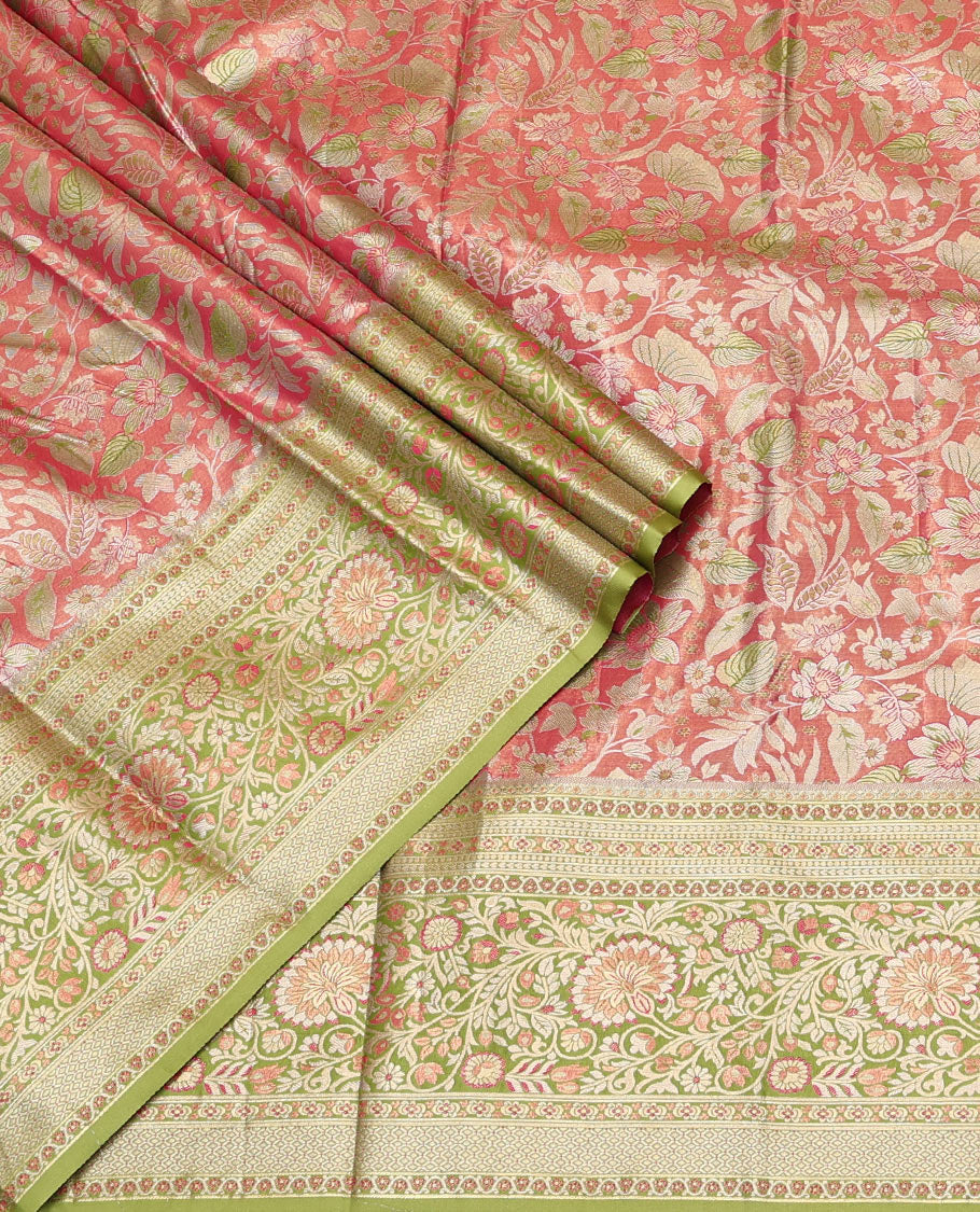 Pink Art Silk Material Half Saree Set, Enriched with Jacquard Skirt, a Contrast Meenakari Floral Border, Contrast Blouse, and an Intricate Dhavani
