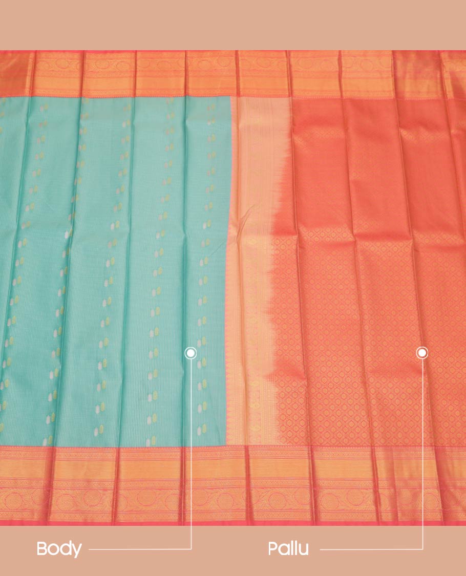 Light Turquoise Budget Silk Saree, Sparsely Woven with Zari Buttas All Over Its Body, Complemented by a Contrast Traditional Zari Border of Floral Creeper Designs, Grand Jaal Pallu, and Paired with a Contrast Blouse