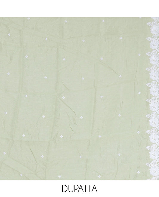 Pista Green Mul Chanderi Material Churidar with Delicate Floral Embroidered Top, a Plain Bottom, and Scallop Embroidered Dupatta