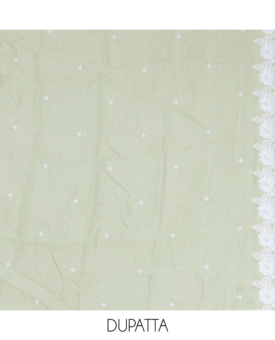 Pista Green Mul Chanderi Material Churidar with Delicate Floral Embroidered Top, a Plain Bottom, and Scallop Embroidered Dupatta