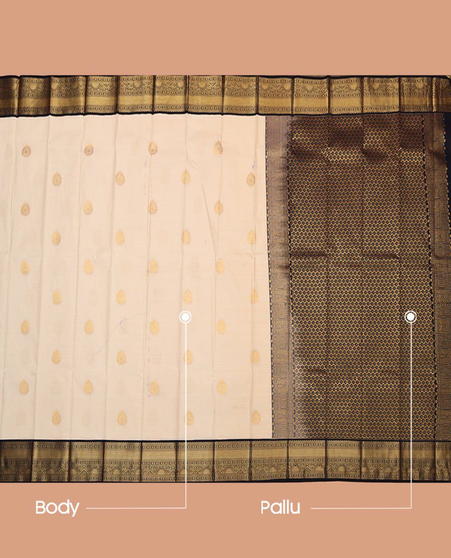 Off-White Budget Silk Saree, Sparsely Woven with Zari Buttas, Complemented by Contrast Traditional Zari Border, Intricate Pallu, and Contrast Blouse