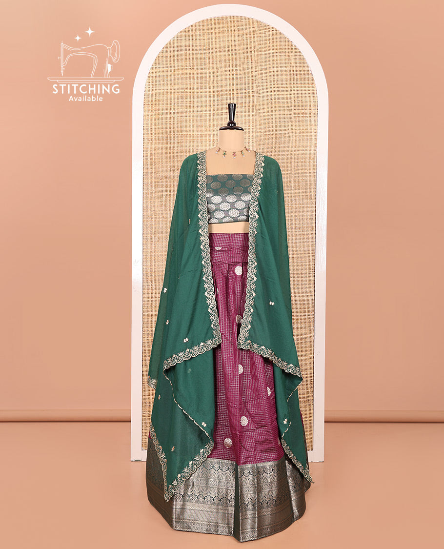 Purple and Green Banarasi Silk Half-Saree Featuring Micro-Checks and Chakram Buttas Woven Skirt, Complemented by Contrast Traditional Zari Design Border, Paired with a Jacquard Blouse, and a Rangoli Georgette Embroidered Dhavani