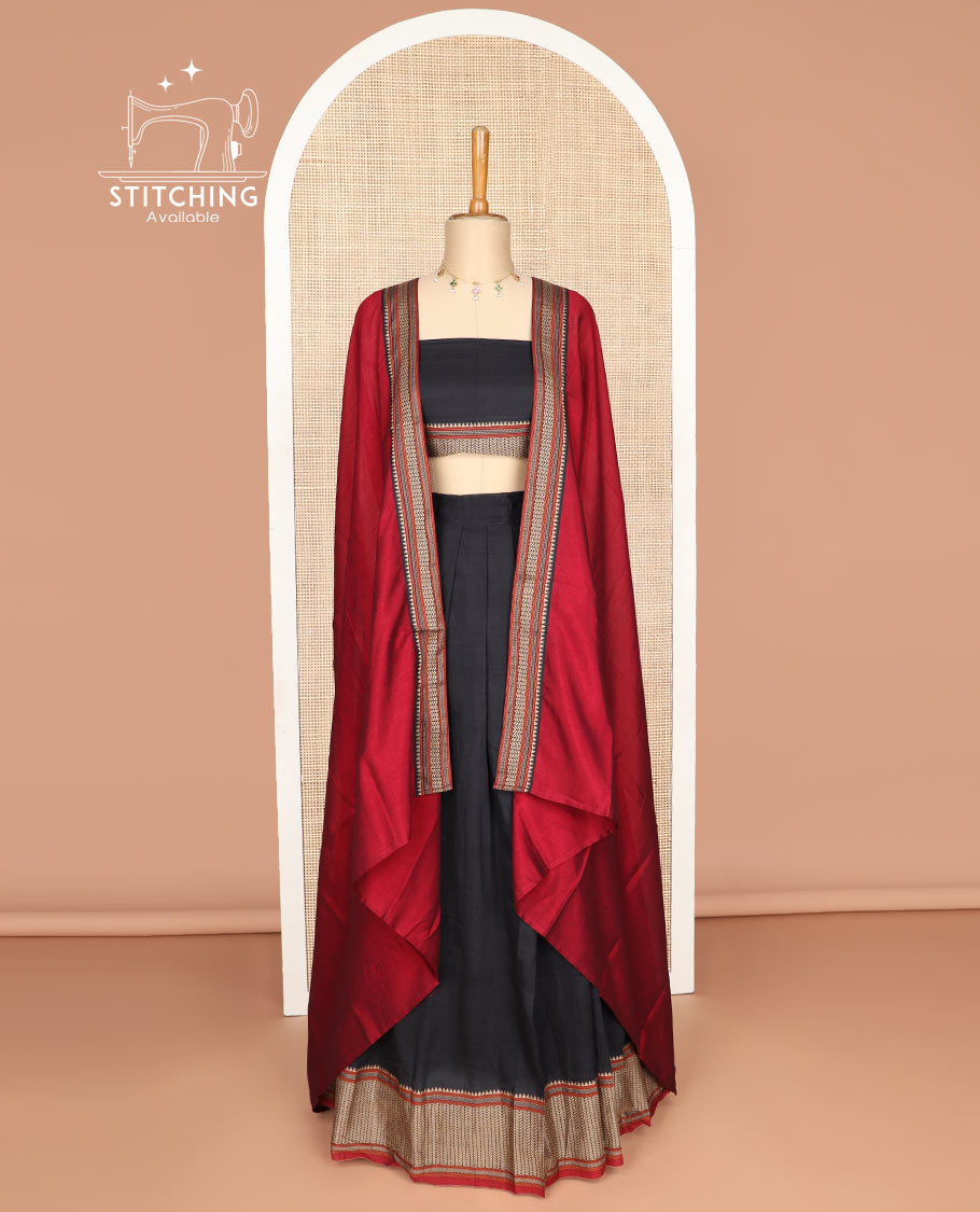 Black cotton half saree with contrast zari design border, zari design blouse & zari design border dhavani