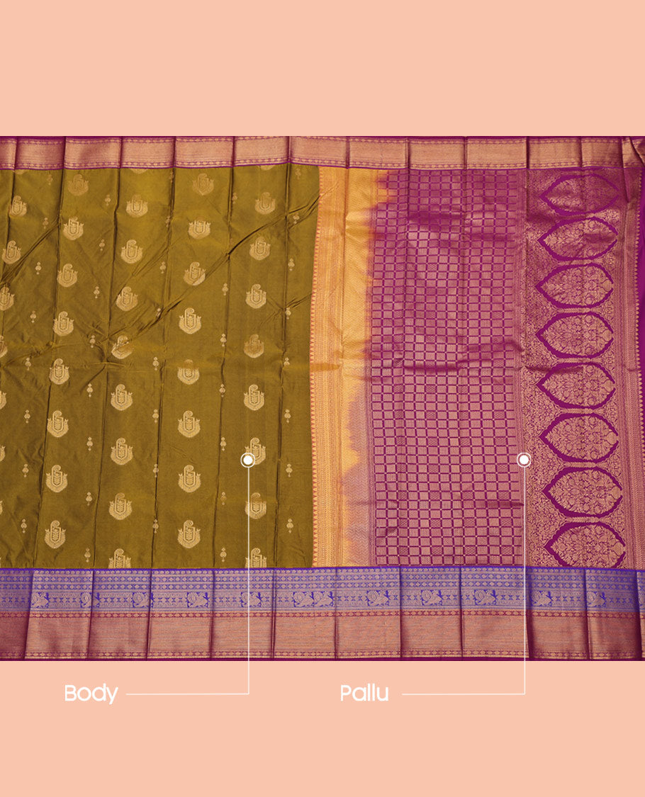 Green Budget Silk Saree, Adorned with Zari Buttas All Over Its Body, Complemented by a Contrast Traditional Zari Design Peacock-Rudraksham Border, Grand Checked Pallu, and Paired with a Contrast Blouse