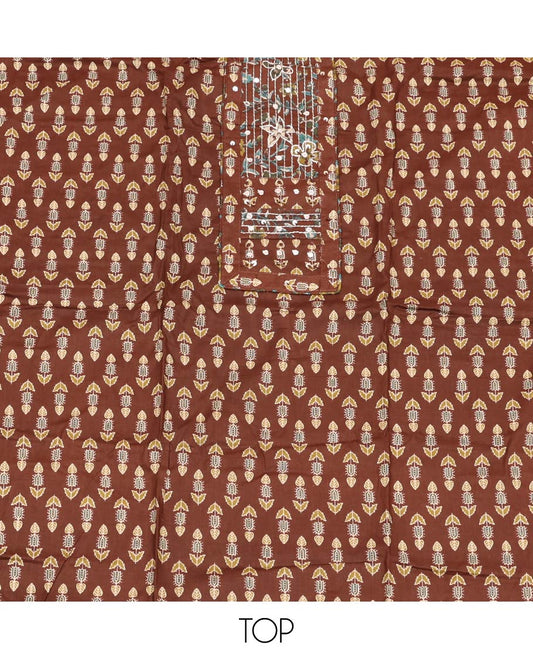 Brown Material Chudidar Set, Embellished with Floral Block Print and Neck Work Cotton Top, a Floral Printed Cotton Bottom, and Paired with Floral Printed Dupatta