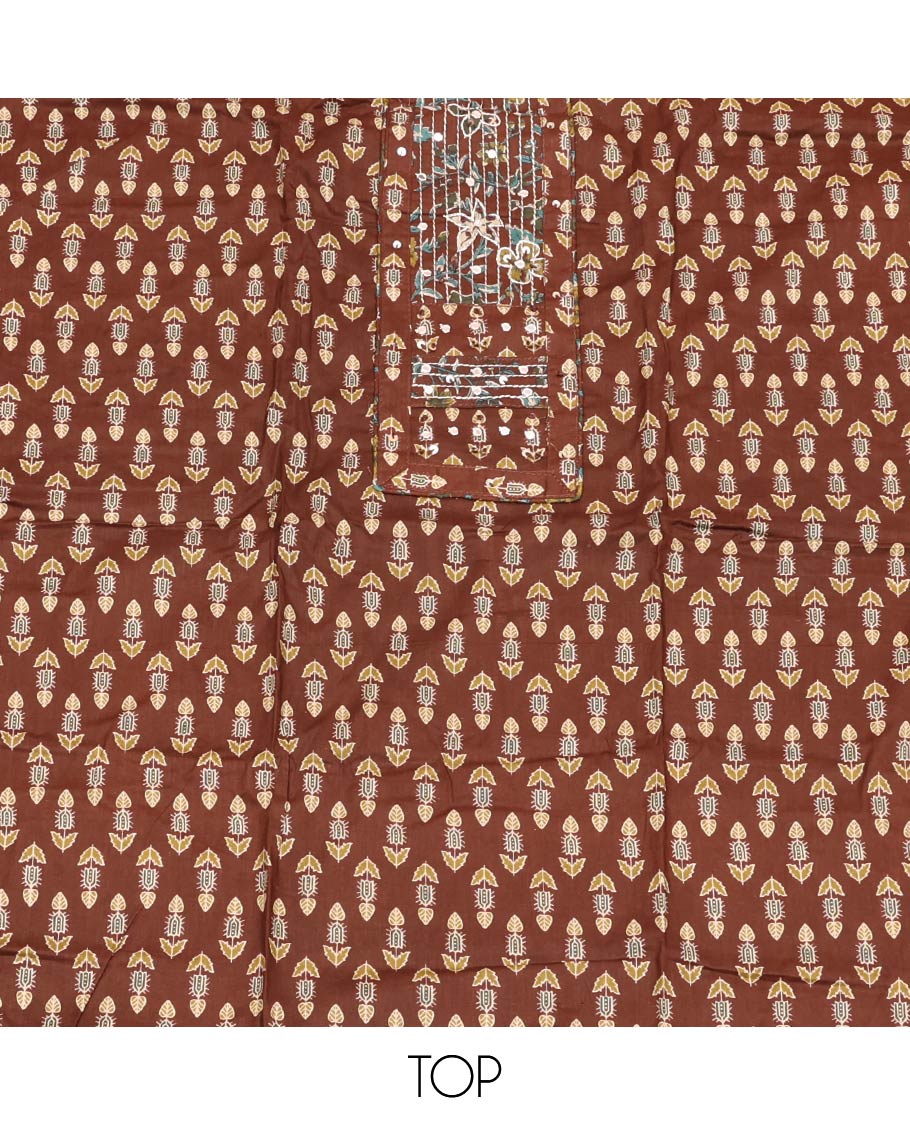Brown Material Chudidar Set, Embellished with Floral Block Print and Neck Work Cotton Top, a Floral Printed Cotton Bottom, and Paired with Floral Printed Dupatta