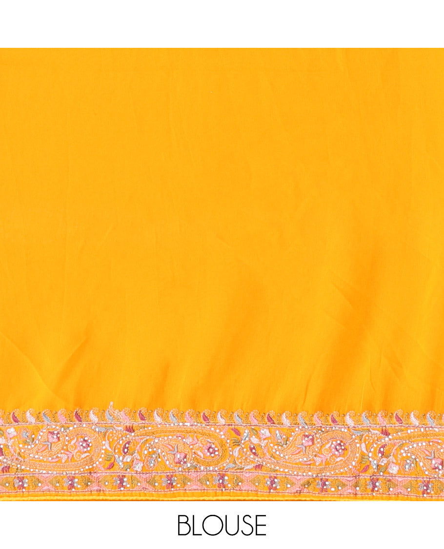 Yellow Designer Saree, Detailed with Floral-Paisley Embroidery, a Embroidered Border, and a Matching Blouse