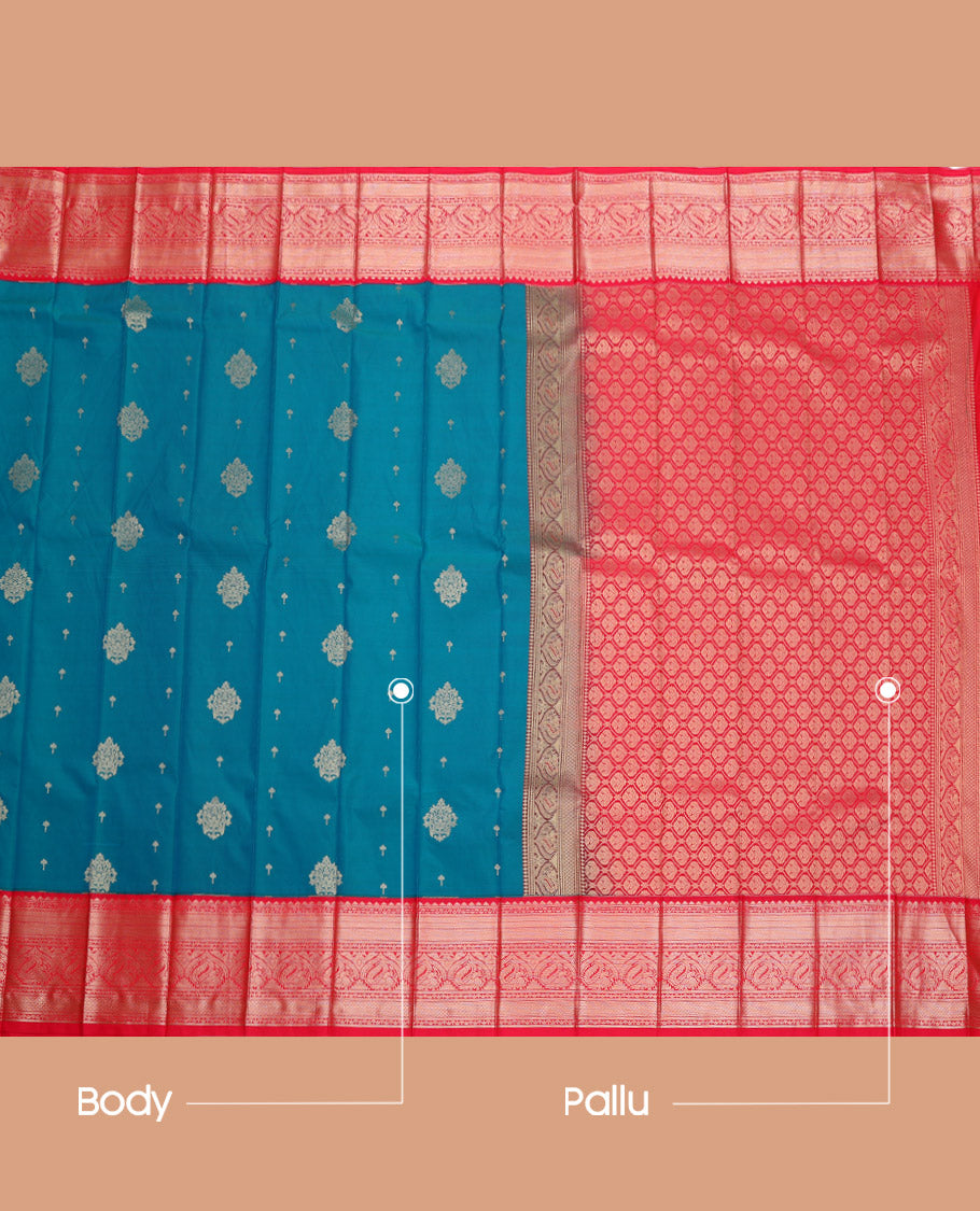 Blue Budget Silk Saree, Detailed with Zari Buttas, Complemented by a Contrast Traditional Zari Border, Grand Pallu, and Contrast Blouse