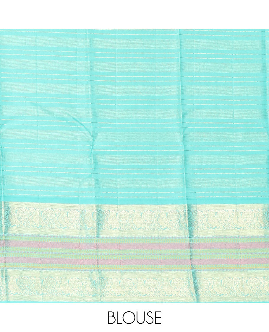 Blue Vasundhara Silk Saree, Adorned with Zari Buttas Enclosed Checks All Over Its Body, Complemented by a Contrast Border of Kathir, Muthu, and Rudraksham Designs, Grand Intricate Pallu, and Paired with a Contrast Blouse