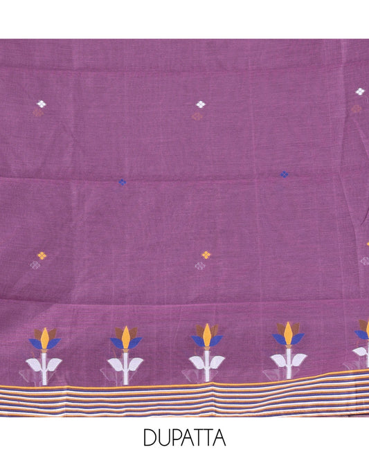 Wine Mul Chanderi Material Churidar Features Jamdani-Style Meena Buttas Top, a Plain Bottom, and a Jamdani-Style Dupatta