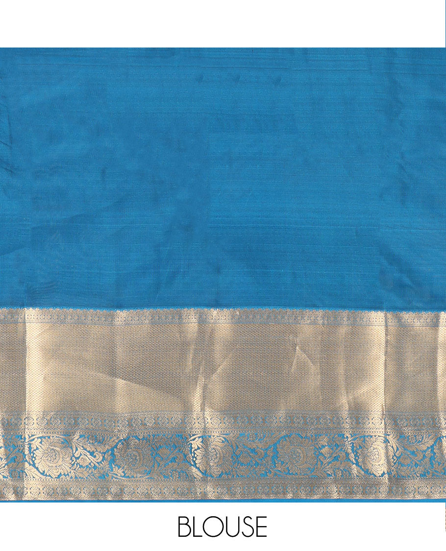 Green Vasundhara Lite Silk Mix Saree, Gracefully Embellished with Zari Butta on Its Body, Complemented by Contrast Border of Salngai, Rudraksham, Muthu, Mayil Kann and Kamalam Designs, Jaal Patterned Pallu, and Paired with a Contrast Blouse