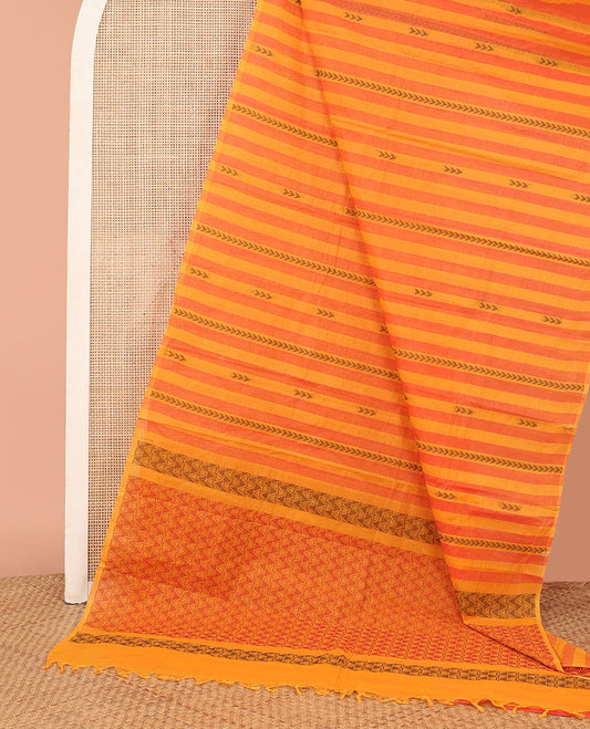 Borderless Orange and Red Kanchi Cotton Saree, Woven with Stripes and Buttas All Over Its Body, Intricately Designed Pallu of Geometric Designs, and Paired with a Matching Blouse