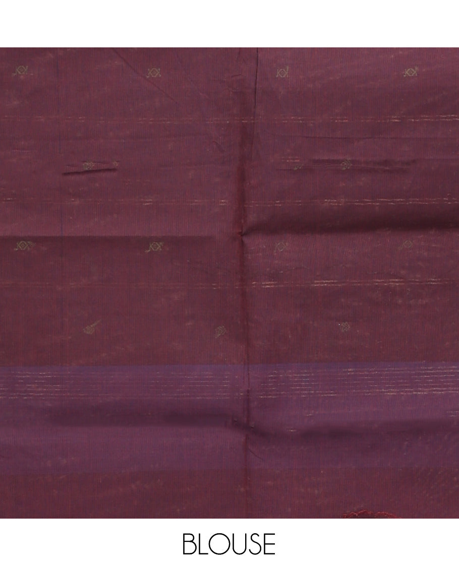 Brown Chettinad Cotton Saree, Accentuated with Thread Buttas All Over Its Body, Complemented by a Contrast Traditional Zari Design Woven Temple Border, Pallu of Stripes, and Paired with a Matching Blouse