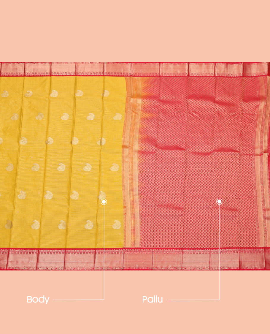 Yellow Budget Silk Saree, Accentuated with Zari Buttas and Stripes, Complemented by a Contrast Traditional Zari Border, Grand Pallu, and a Contrast Blouse
