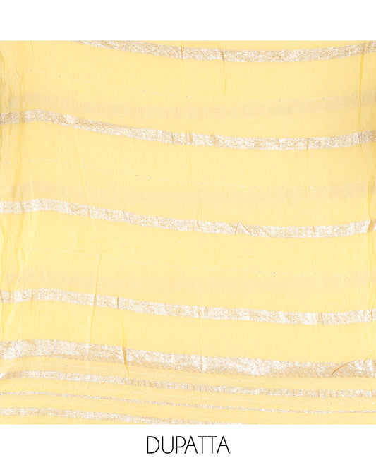 Yellow Mul Chanderi Material Chudiddar, Embroidered Top, Plain Bottom, Zari Striped Dupatta