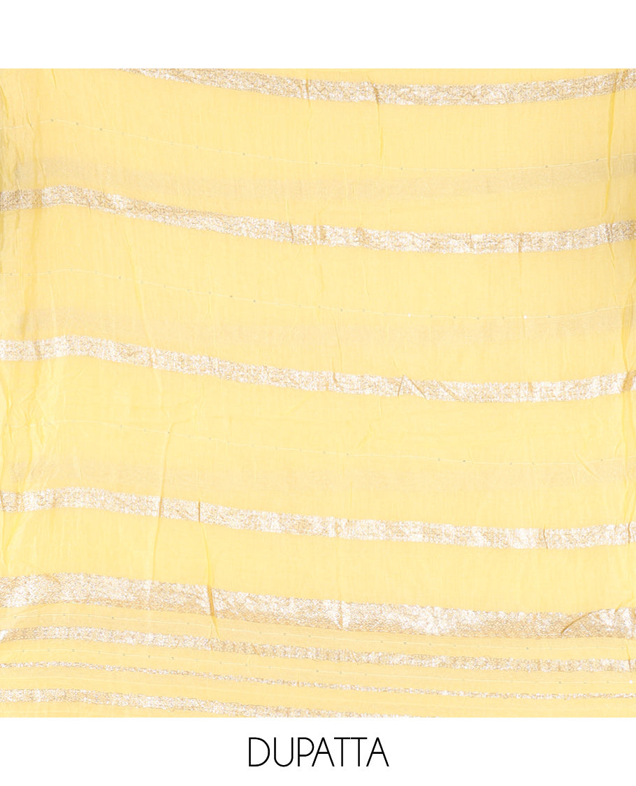 Yellow Mul Chanderi Material Chudiddar, Embroidered Top, Plain Bottom, Zari Striped Dupatta