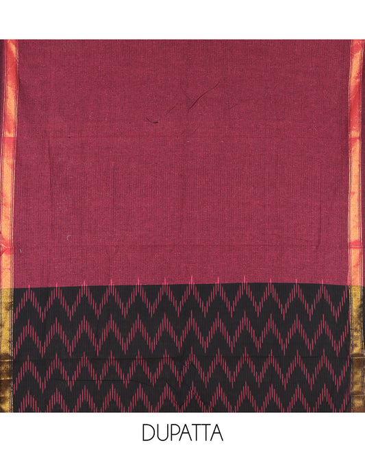 Black Pure Cotton Saree Material Chudidar Ikat Chevron Top, a Contrast Bottom, and Ikat Chevron Dupatta