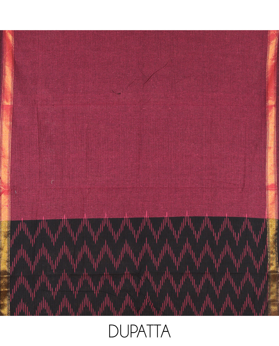 Black Pure Cotton Saree Material Chudidar Ikat Chevron Top, a Contrast Bottom, and Ikat Chevron Dupatta