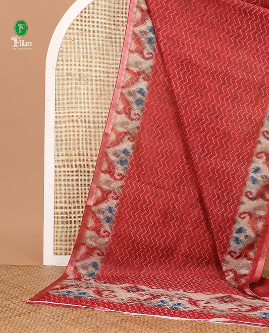 Red semi-dupion saree with zig-zag stripes in golden color zari, pochampally ikkat border of traditional zari design & pallu of pochampally-style print