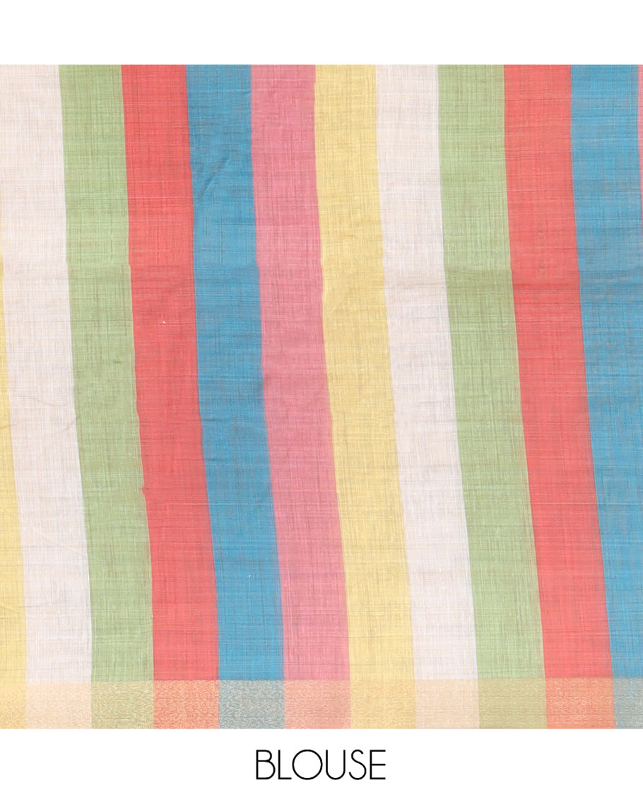 Yellow Plain Semi-Tussar Saree, a Zari Border, Multi-Colored Striped Pallu, and a Contrast Blouse