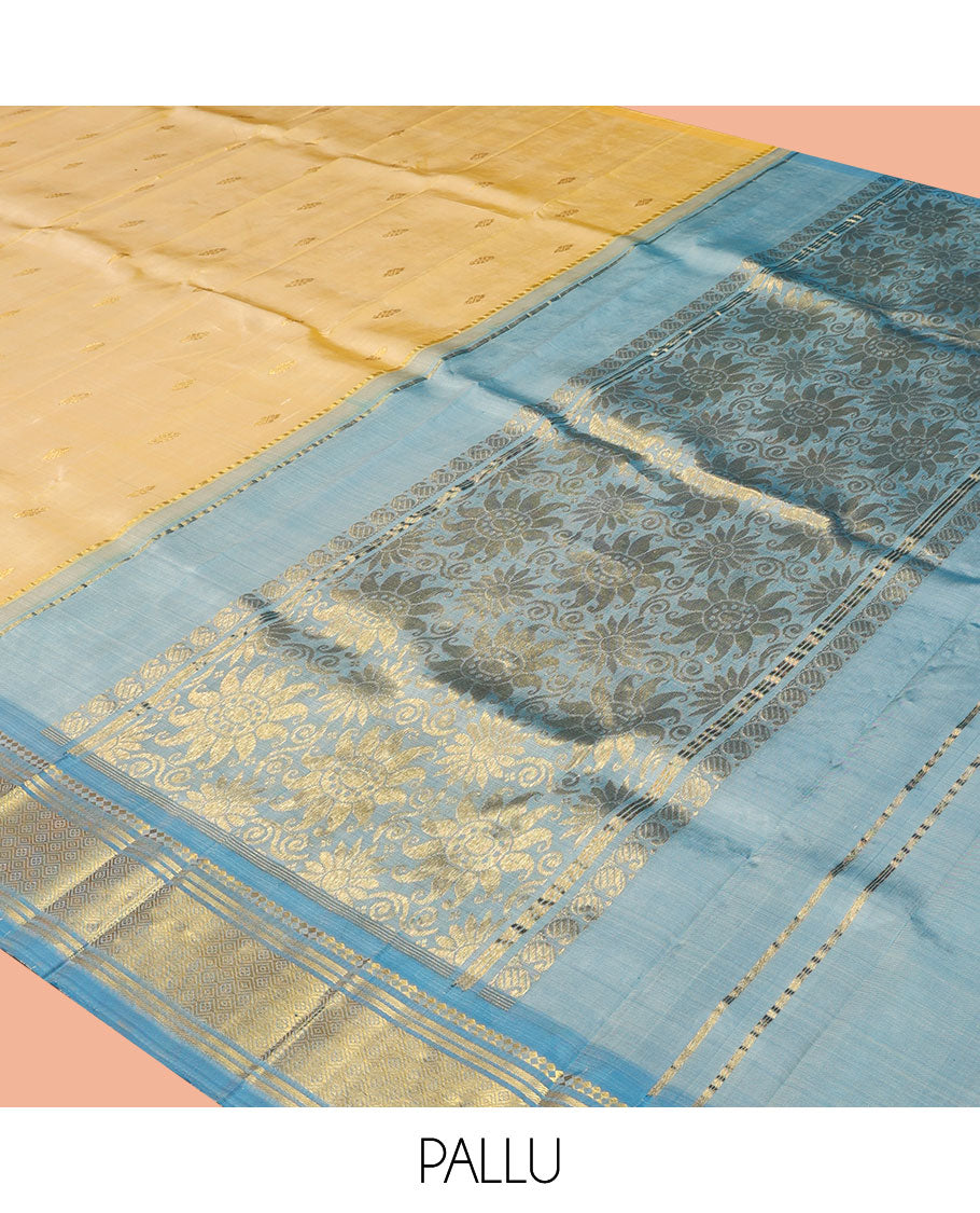 Pale Yellow Kanchipuram Silk Saree, Sparsely Woven with Zari Buttas, a Contrast One-Sided Border of Panner Sombu, Banaras, and Jaal Designs, a Zari Design Pallu, and No Blouse