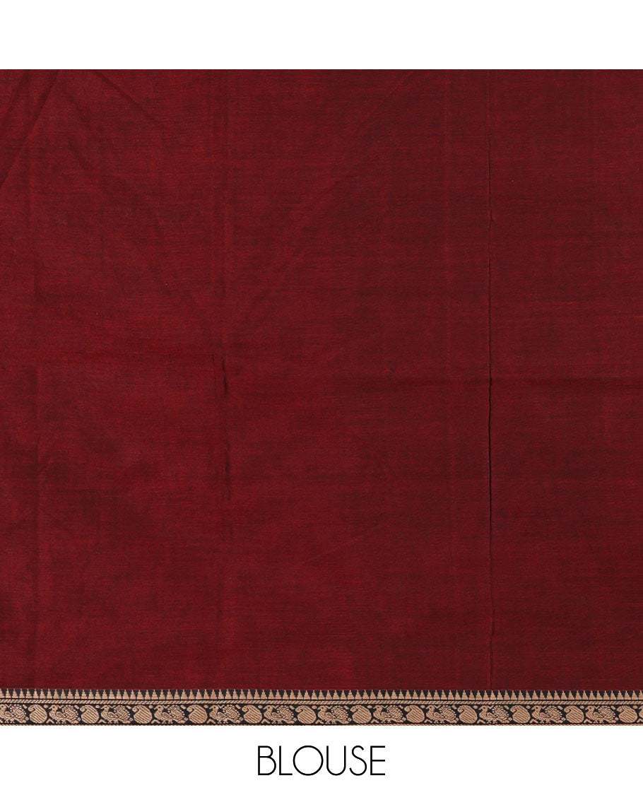 Maroon plain mercerised cotton saree, contrast temple traditional border, striped pallu, and a matching blouse