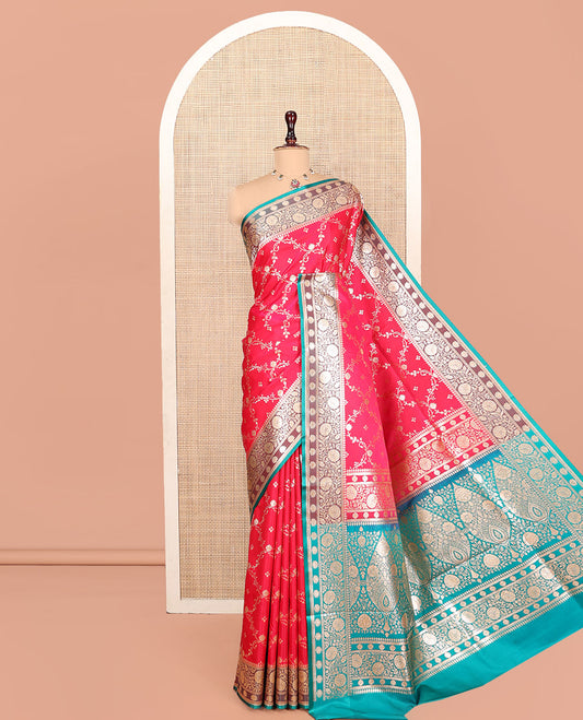 Pink Banarasi Nylon Saree, Embellished with Jacquard Design, Complemented by a Contrast Traditional Zari Border, Intricate Pallu, and a Contrast Blouse