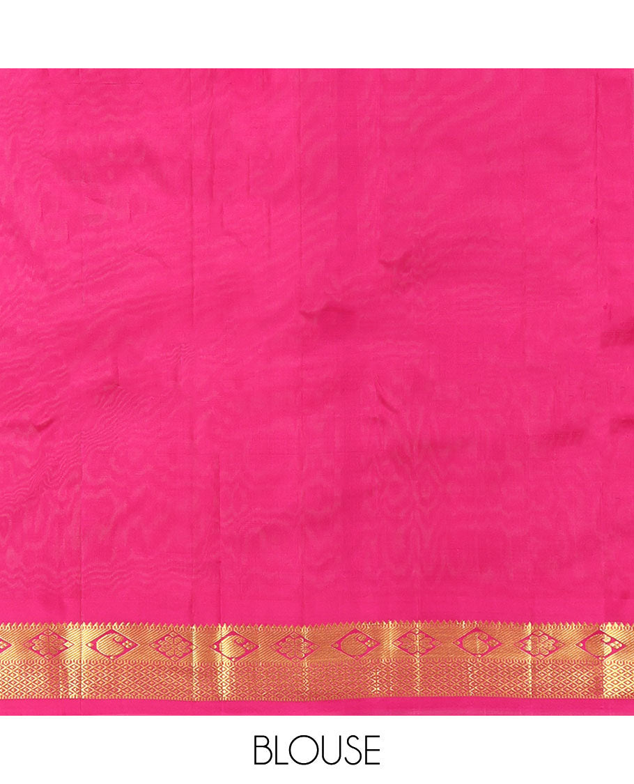 Violet Kanchipuram Silk Saree, Adorned with Zari Buttas, a Contrast Border of Rekku, Manga, Diamond and Mayil Kann Designs, Zari Design Pallu, and a Contrast Blouse