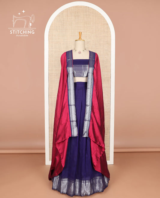 Indigo blue cotton half saree with contrast zari design border, zari design blouse & plain, zari design border dhavani