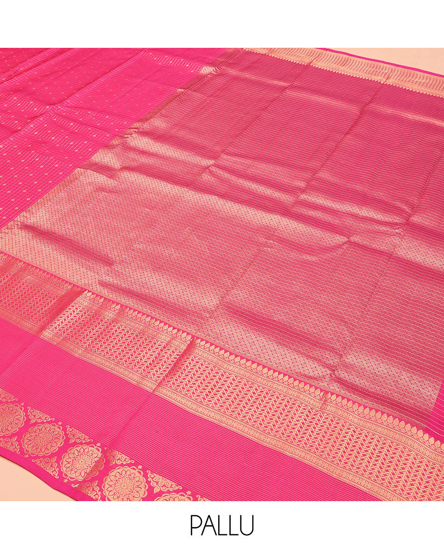 Pink Vasundhara Lite Silk Mix Saree, Richly Detailed with Zari Buttas and Checks, Highlighted by Zari Border of Thilakam Mokku, Muthu, Rudraksham, and Chakram Designs, Majestically Detailed Pallu, and Paired with a Matching Blouse