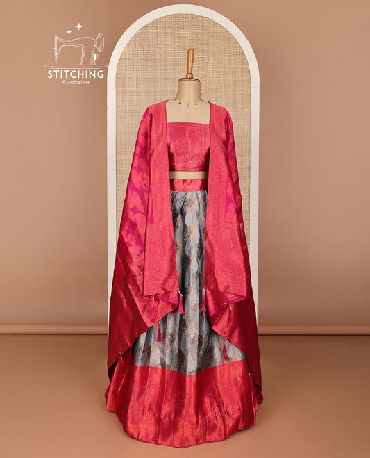 Grey floral jaal design half saree with contrast zari design border , zari design blouse & floral zari design dhavani