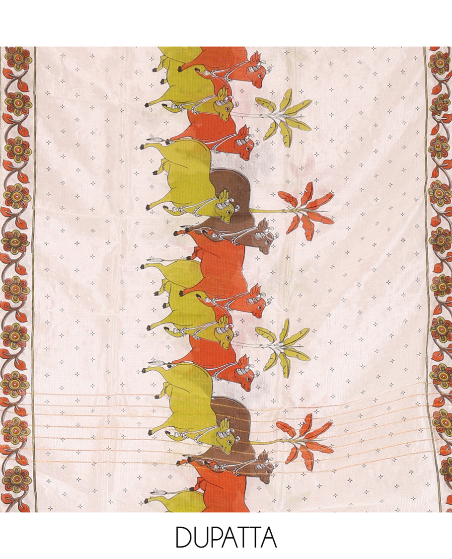 Green Material Chudidhar Set, Delicately Woven with Dotted Stripes and Buttas on Its Semi-Silk Top, Plain Cotton Bottom, and Semi-Silk Dupatta Illustrating Pichwai Cow and Floral Print