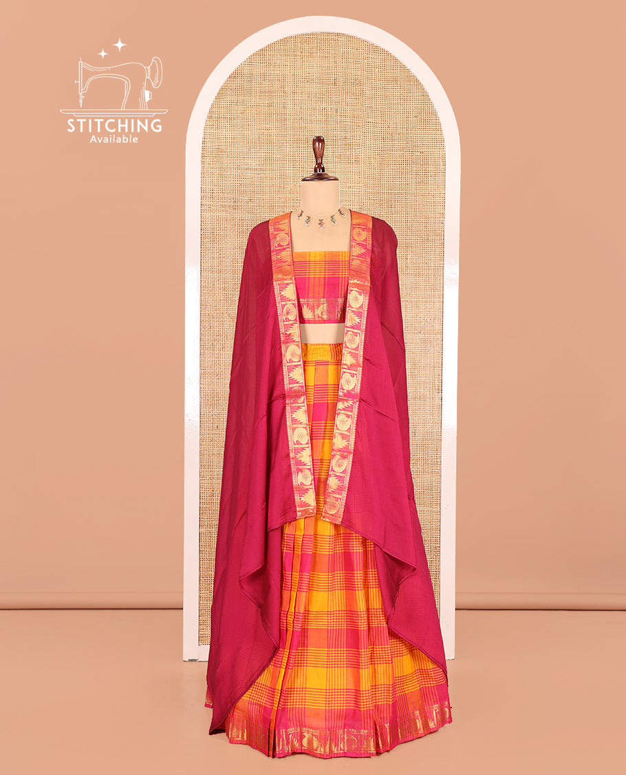 Yellow-Pink Chettinad Cotton Half Saree Features Checked Skirt, a Traditional Zari Border, a Matching Blouse, and a Contrast Dhavani