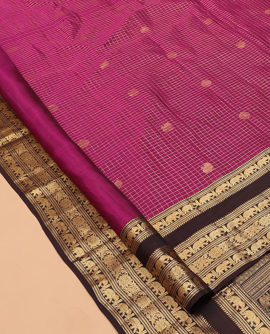Magenta Checked Vasundhara Lite Silkmix Saree, Contrast Elephant Border, Jaal Pallu, and Contrast Blouse