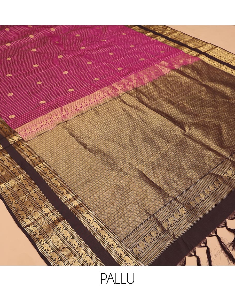 Magenta Checked Vasundhara Lite Silkmix Saree, Contrast Elephant Border, Jaal Pallu, and Contrast Blouse