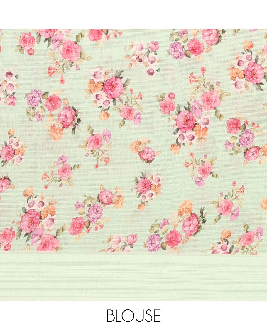 Sea Green Floral Print Kota Saree