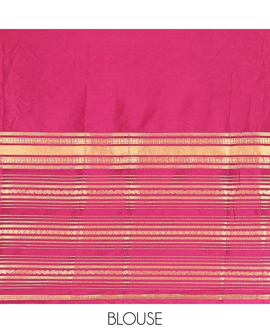 Bottle Green Semi-Mysore Silk Saree, a Contrast Big Traditional Zari Border, Striped Pallu, a Contrast Blouse