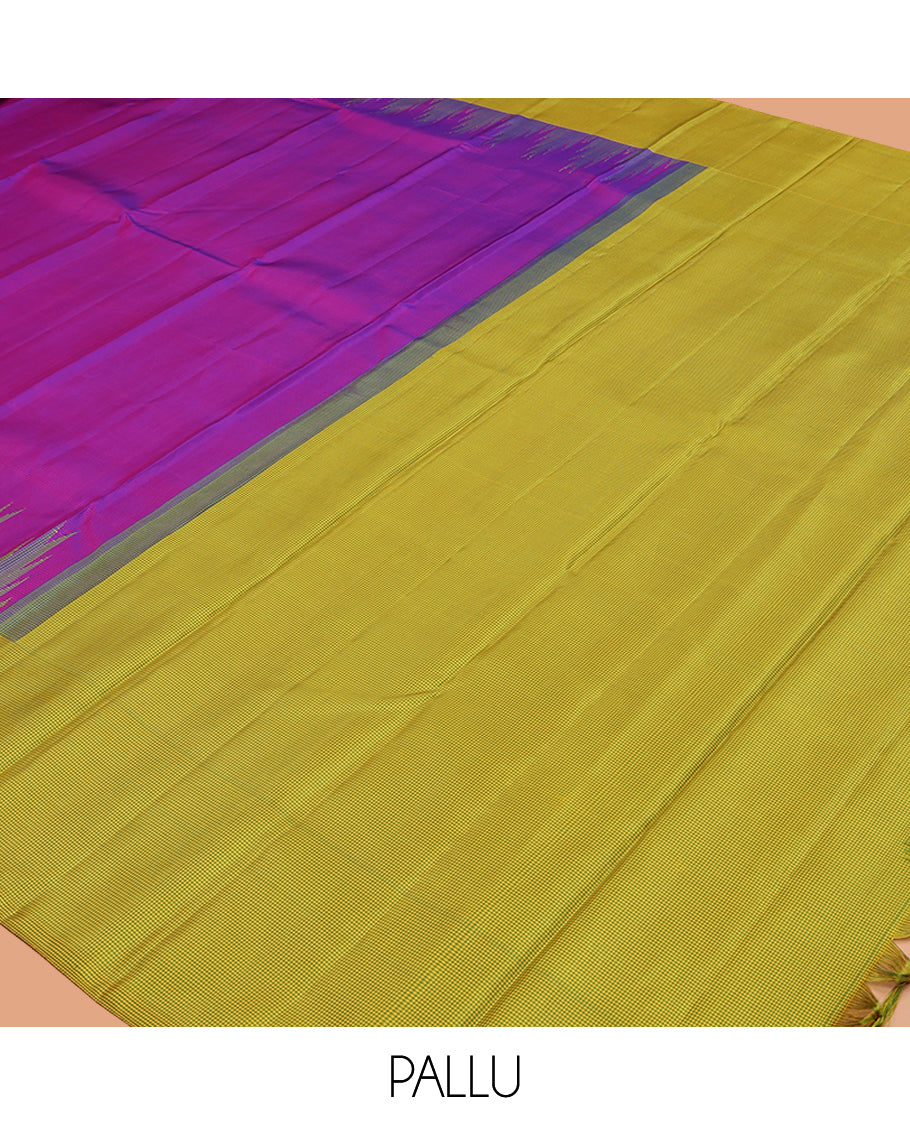 Purple Plain Kanchipuram Silk Saree, Complemented by Contrast Thazampoo Rekku Kasa-Kasa Checked Border, Kasa-Kasa Checked Pallu, and a Contrast Blouse