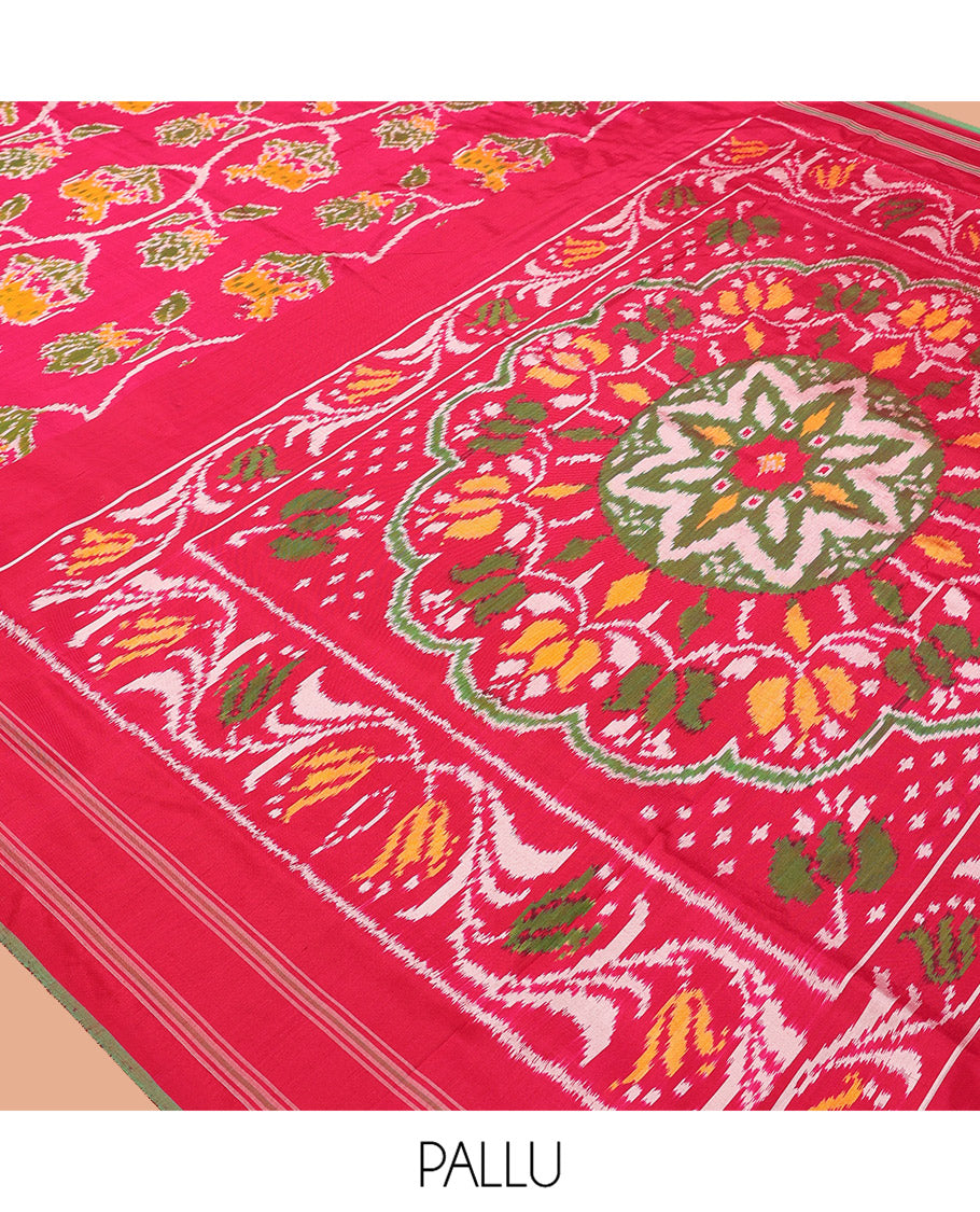 Pink Floral-Pichwai Cow Pochampally Ikat Saree, a Self-Border
