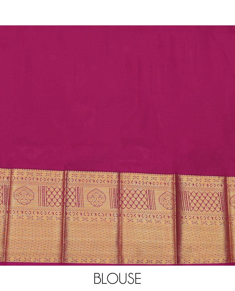 Parrot Green Budget Silk Saree, Features Zari Buttas on Its Body, Complemented by a Contrast Traditional Zari Design Border, Pallu of Floral Design, and Paired with a Contrast Blouse