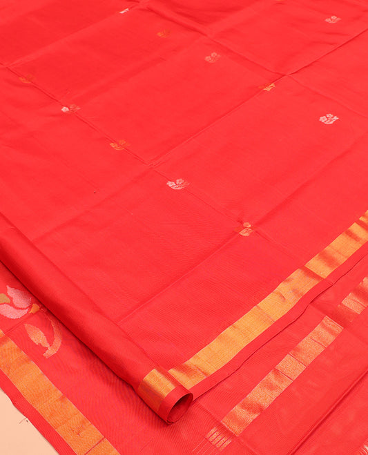 Red Uppada Silk Saree, Spotlighted with Zari Buttas, a Zari Bavanji Border, Floral Buttas Pallu, and a Matching Blouse