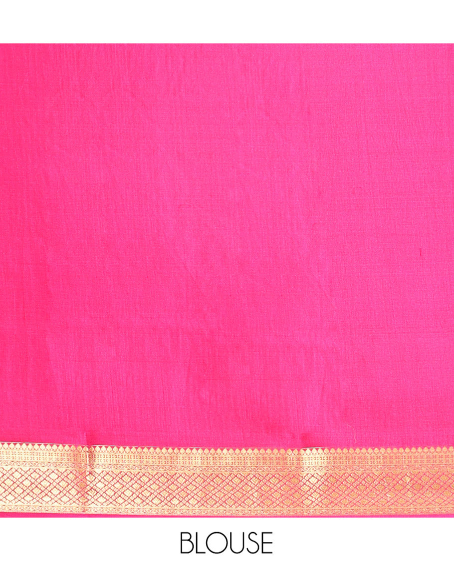 Green Mysore Silk Saree, Richly Detailed with Zari Buttas All Over Its Body, Complemented by a Contrast Traditional Zari Design Border, Pallu Steeped with Zari Stripes, and Paired with a Contrast Blouse