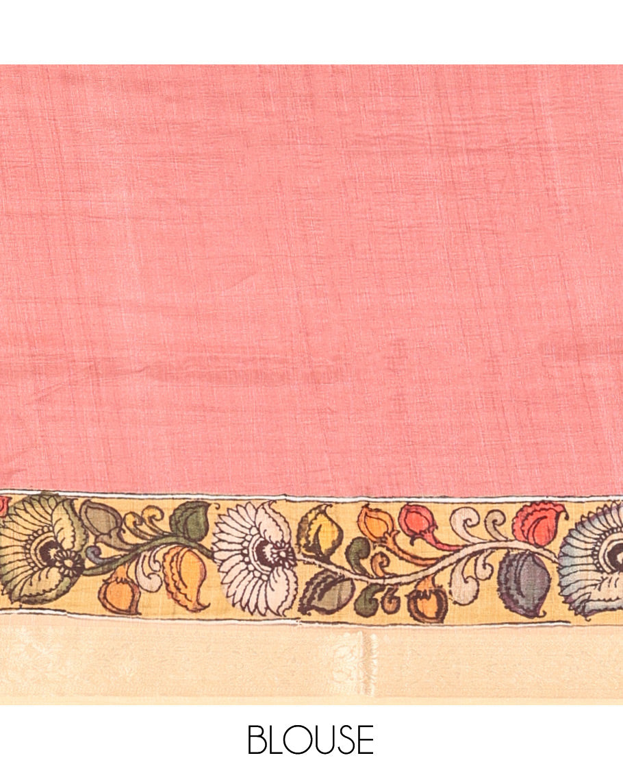 Grey Kalamkari Printed Semi-Banarasi Tussar Saree, Adorned with Floral Vine, Contrast Border, Pallu of Lord Krishna Design, and a Contrast Blouse