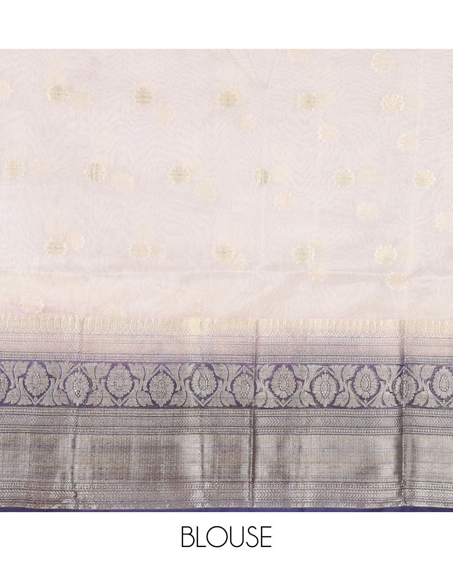 Cream-Blue Organza Half-Saree Features Zari Buttas Skirt, Contrast Traditional Border, Matching Blouse, Contrast Dhavani