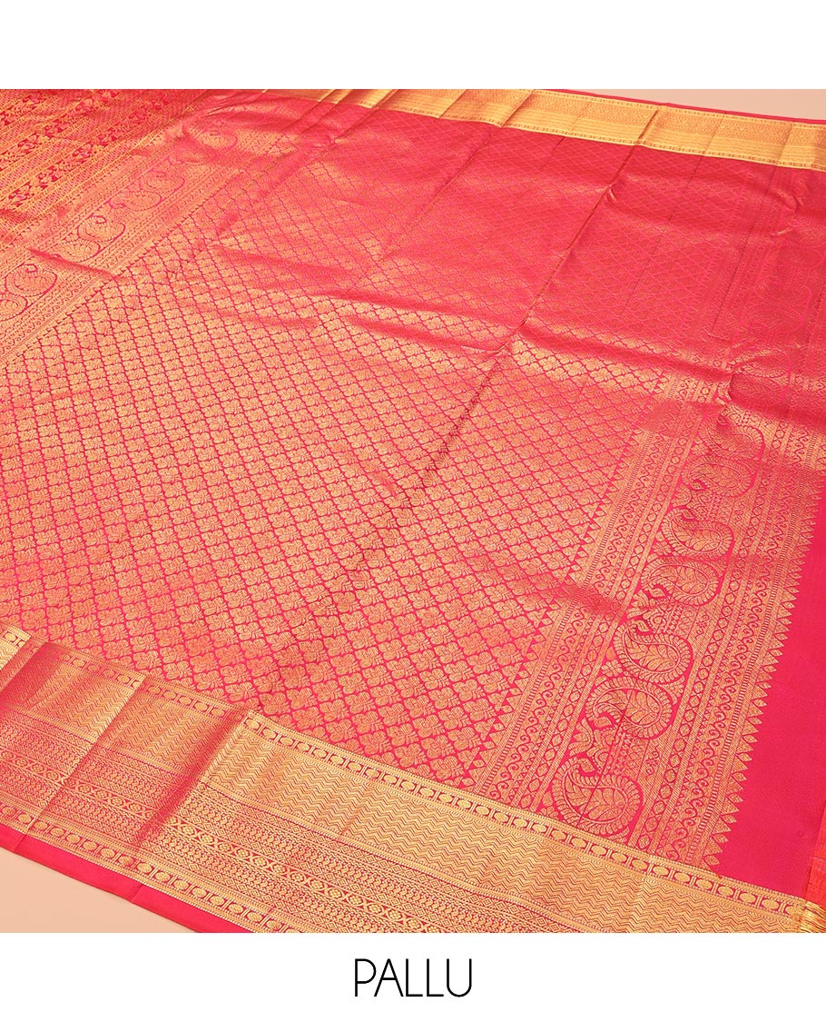 Pink Kanchipuram Wedding Silk Saree, Ornamented with Jacquard Design, a Zari Border of Muthu, Kathir, Poun, Vanki, Diamond, Manga, and Cross Kamalam, Jaal Pallu, and a Matching Blouse