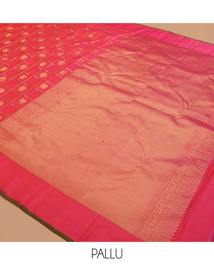 Red Vasundhara Lite Silk Mix Saree, Styled with Mayil-Chakram Butta Enclosed Checks, a Self-Border, Intricate Pallu, and a Matching Blouse