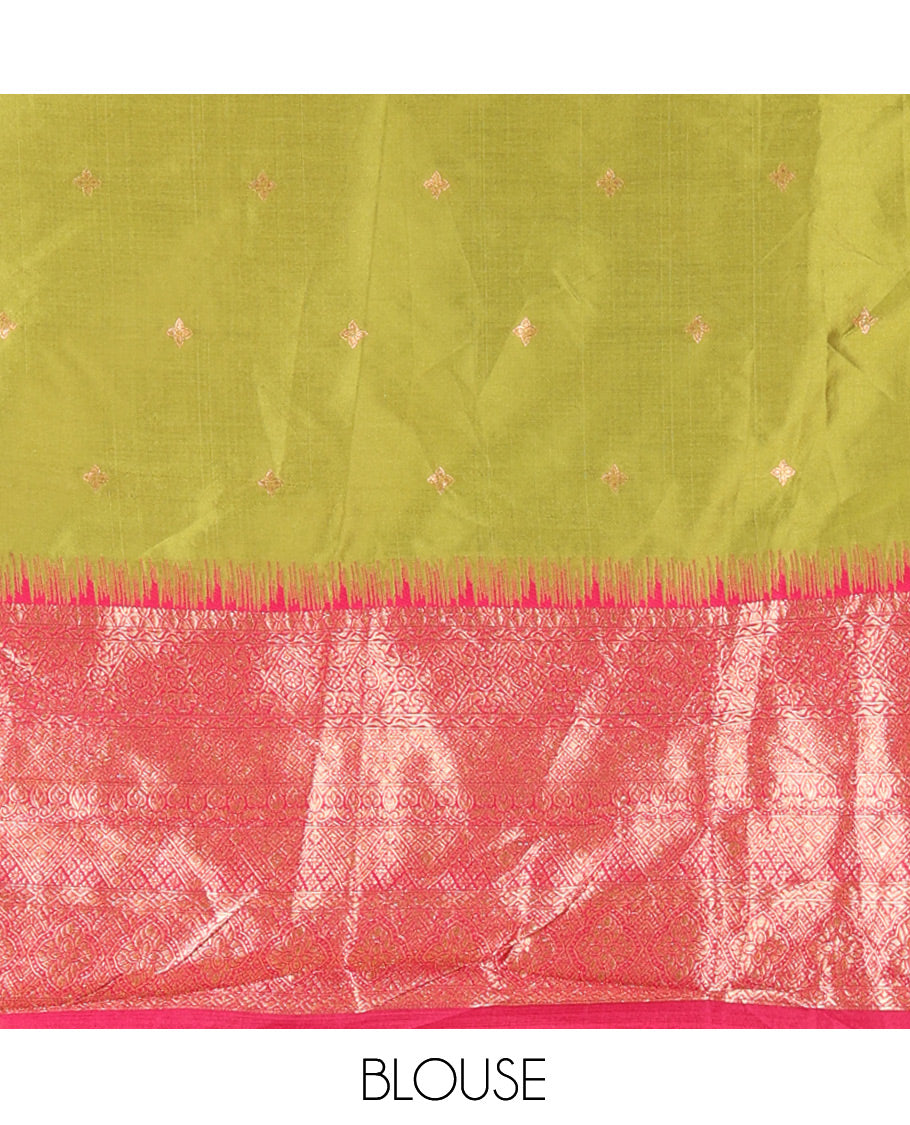 Parrot Green-Rani Pink Semi-Silk Half-Saree, Zari Buttas Skirt, Contrast Traditional Zari Border, a Matching Blouse, a Contrast Blouse