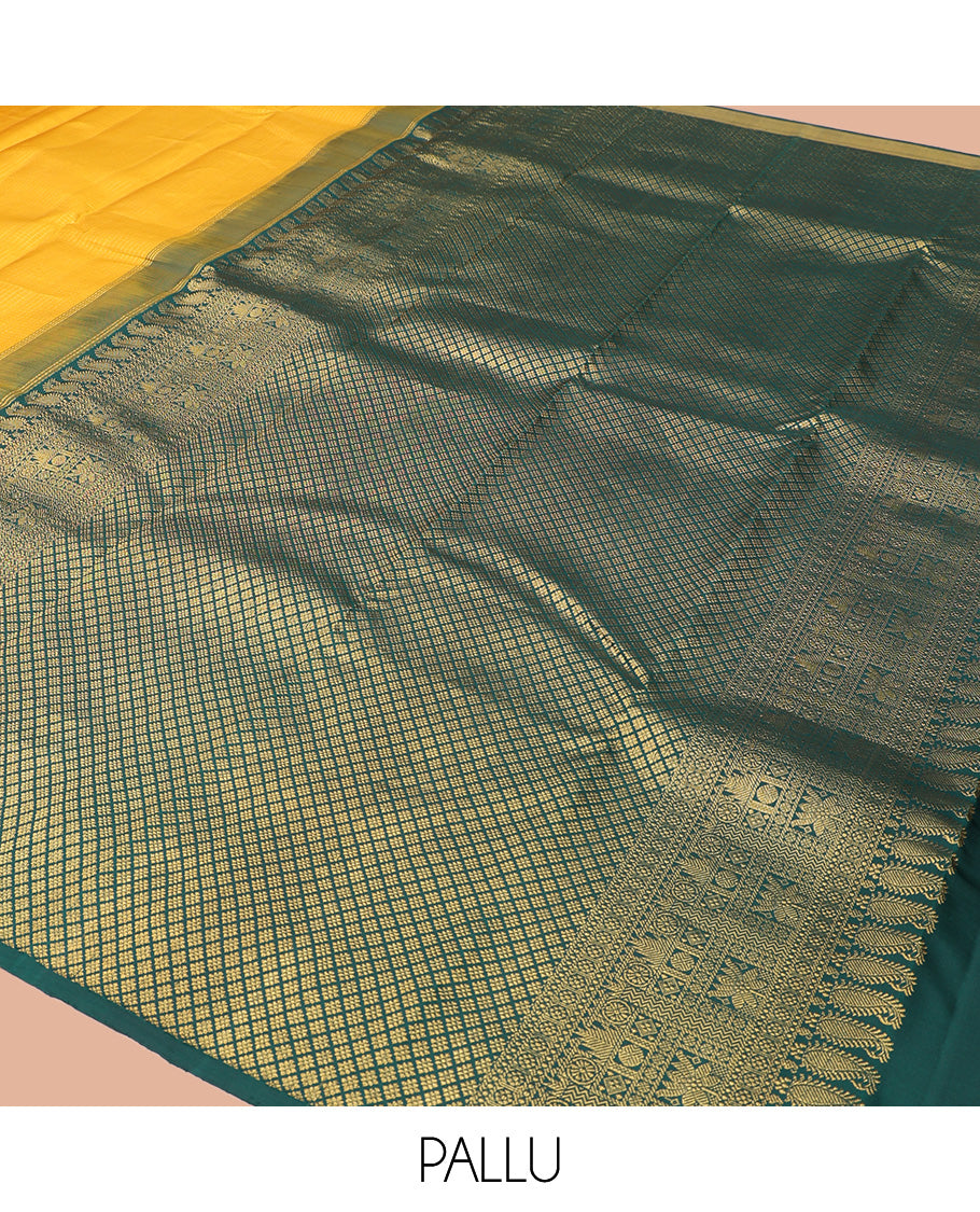 Yellow Micro-Checked Kanchipuram Silk Saree, Complemented by a Contrast Korvai Paithani-Style Border, Grand Jaal Pallu, and Contrast Blouse